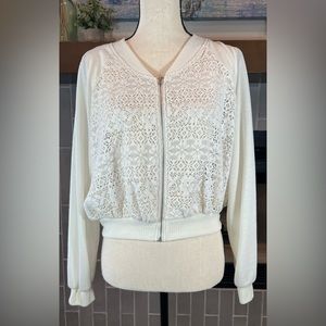 #747 Double Zero Crochet Cropped Bomber Jacket Full Zip off-white Sz Large